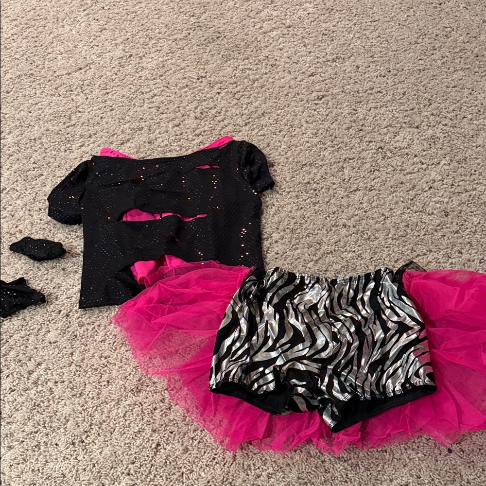 Dansco dance costume neon pink tank shredded black top zebra skirt Medium Child